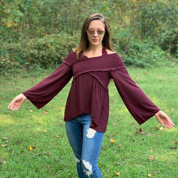 VICI Ascension Off Shoulder Smocked Top - Burgundy - Picture 4 of 8